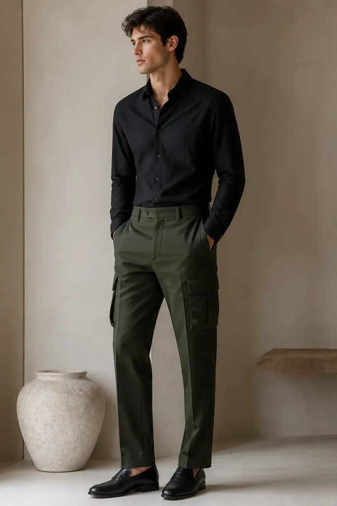 Dark green cargo pants paired with a black textured button-up shirt, fully tucked. The shirt shows subtle weave, with sleeves down. Black leather loafers complete the look.