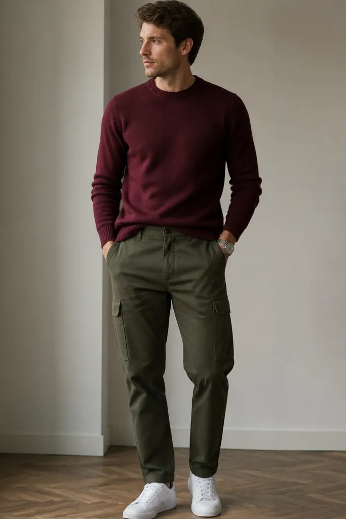 Dark green cargo pants styled with a burgundy crewneck knit sweater and clean white sneakers. The sweater is slightly fitted and tucked loosely at the front. A simple silver watch is visible.