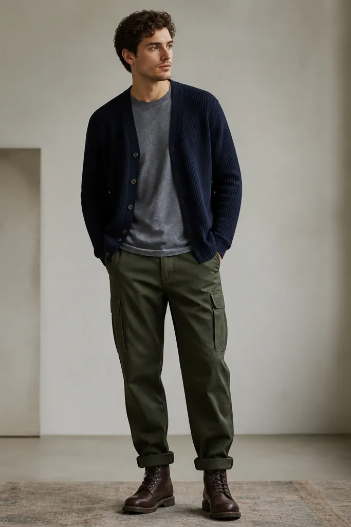 Dark green cargo pants with a navy knit cardigan worn open over a grey crew tee. The cardigan has buttons and a neat hem. Shoes are dark brown leather boots.