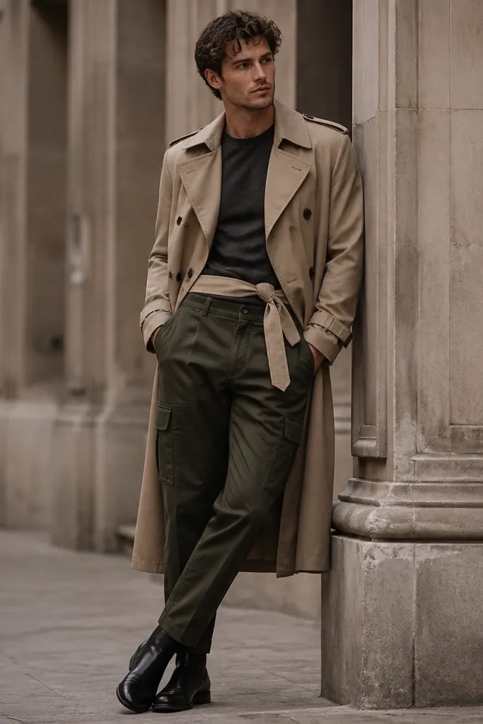 Dark green cargo pants paired with a tan trench coat and a dark charcoal tee. The trench is belted at the waist. Footwear is black leather boots, and the pants show a clean taper.