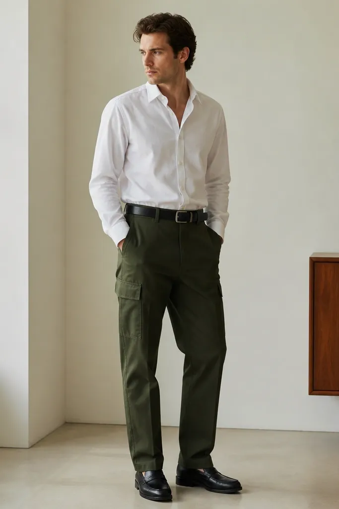 Dark green cargo pants with a crisp white oxford shirt worn with the top button open and sleeves down. The shirt is tucked, and a black leather belt is visible. Shoes are black leather loafers.