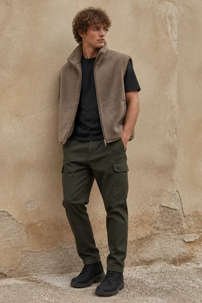 Dark green cargo pants paired with a taupe shearling-style vest over a dark t-shirt. The vest looks thick and soft with a high collar. The pants taper and the shoes are dark sneakers or boots.