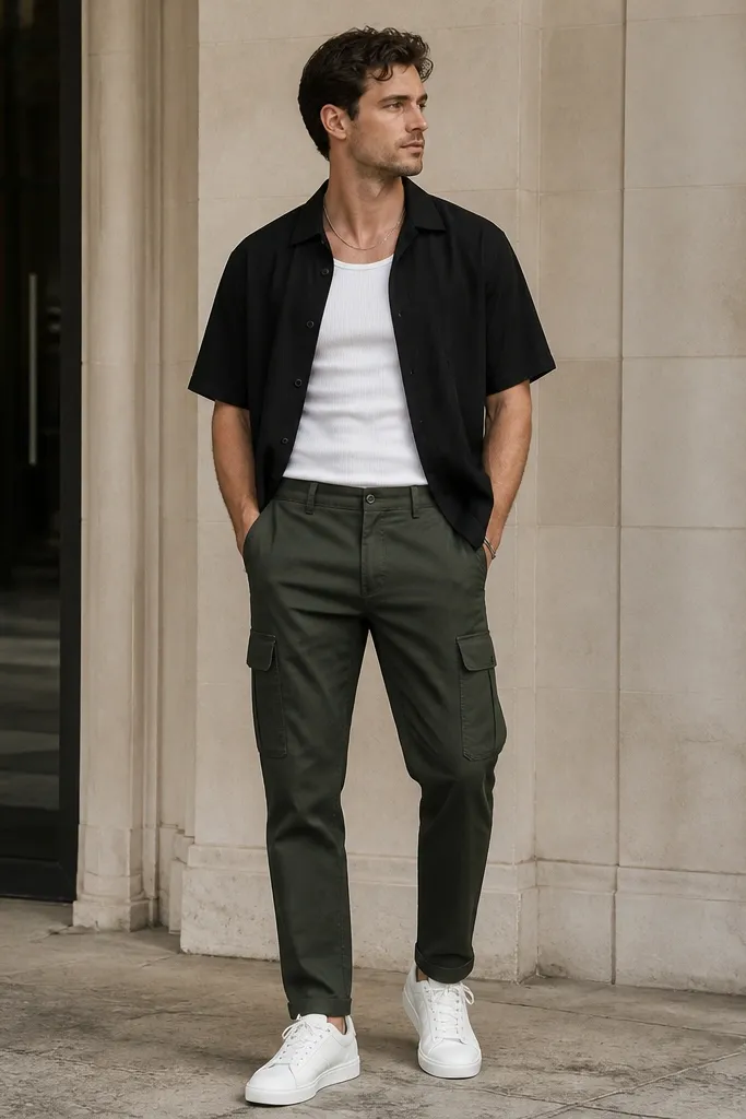 A full-body photo showing dark green cargo pants paired with a fitted white ribbed tank top, a black short overshirt worn open, and clean white leather low-top sneakers. The pants have visible side cargo pockets and a slightly tapered ankle; the overshirt hem sits around the mid-hip.