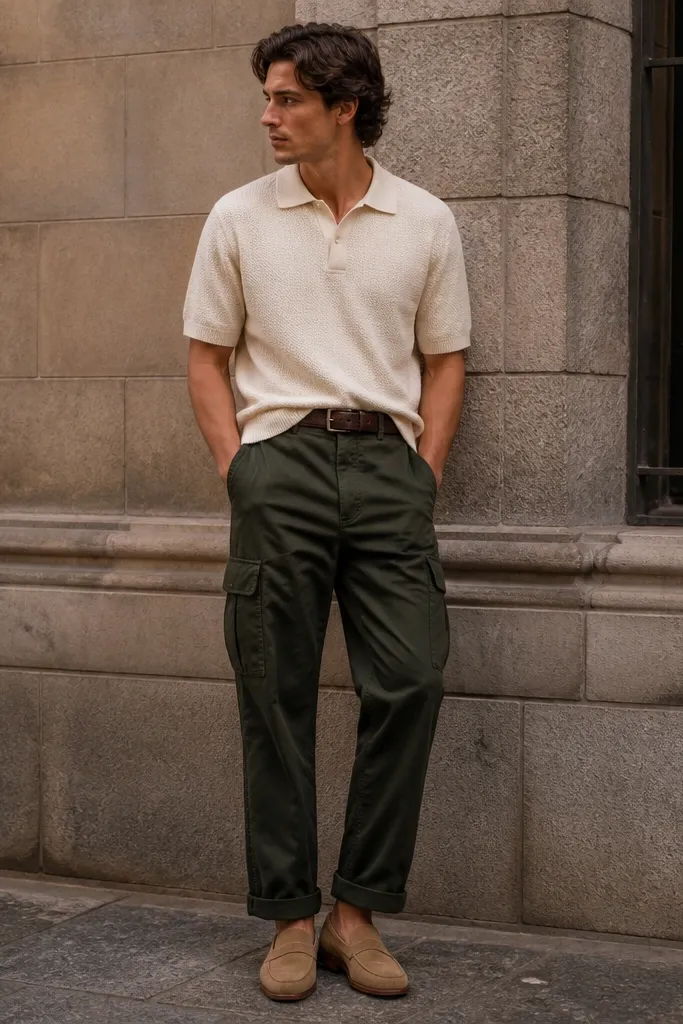 A street-style photo of dark green cargo pants with a cream knit polo shirt. The polo collar is crisp, the shirt is half-tucked, and a dark brown leather belt is visible. The shoes are tan suede derby-style loafers.