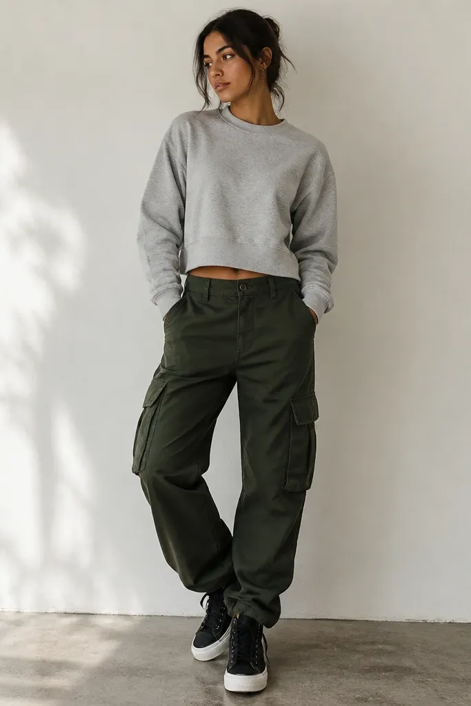 A casual outfit photo featuring dark green cargo pants paired with a heather gray crewneck sweatshirt. The sweatshirt is slightly cropped at the waist with a clean hem, and the person wears black high-top sneakers with white soles.