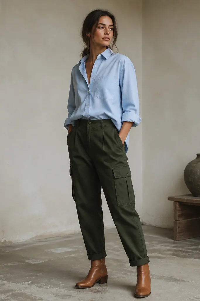 A photo of dark green cargo pants styled with a light blue button-down shirt with sleeves rolled once. The shirt is tucked at the front and left loose at the back, and tan leather boots sit above the ankle.