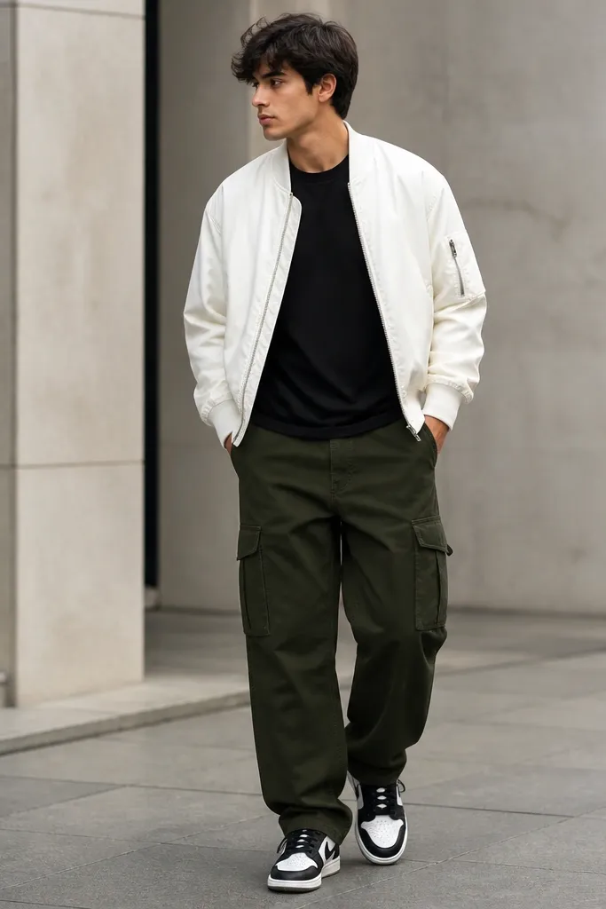 An outfit photo with dark green cargo pants, a plain black crewneck tee, and a white bomber jacket worn open. The bomber has ribbed cuffs and a slight sheen; the sneakers are black-and-white low-tops.