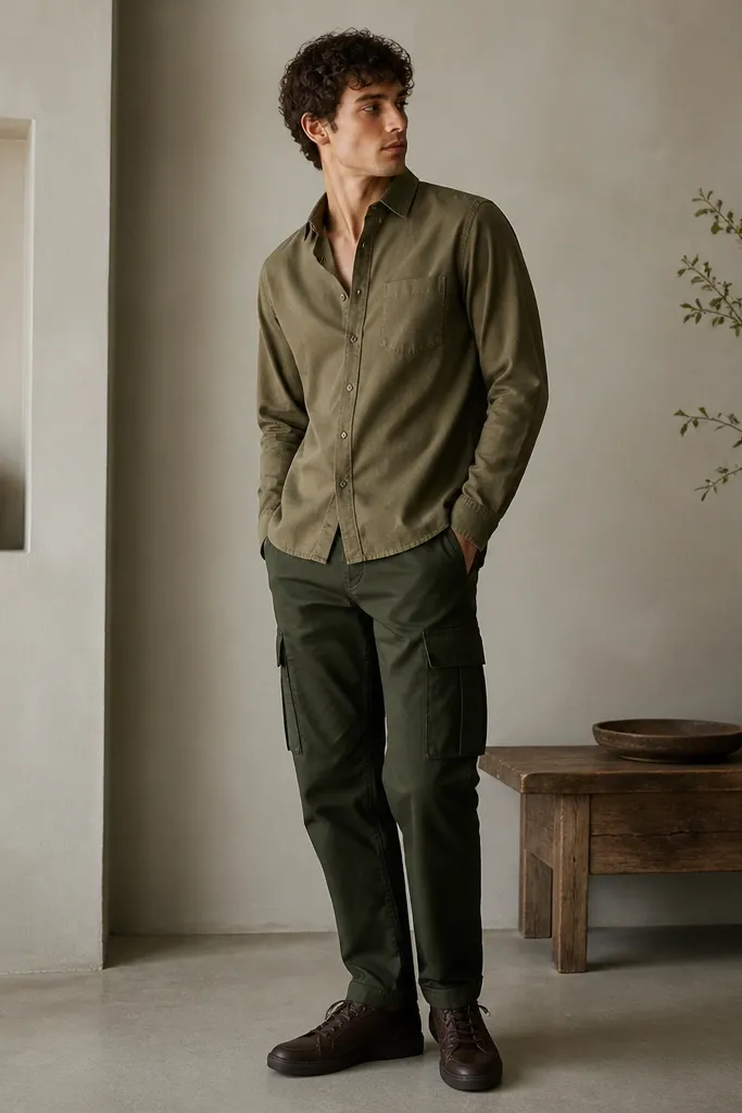 A monochrome look showing dark green cargo pants with an olive overshirt layered on top. The overshirt is buttoned to the second button, sleeves down, and the shoes are dark brown leather sneakers.