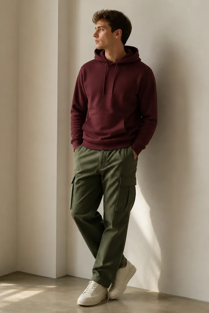 A casual outfit photo with dark green cargo pants, a burgundy pullover hoodie, and cream sneakers. The hoodie is worn loose but not oversized, and the hood strings hang straight.