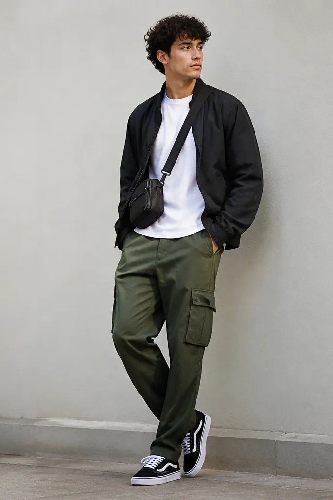 A photo of dark green cargo pants with a plain white T-shirt and a black nylon jacket worn open. A black crossbody bag sits at the hip, and the shoes are black-and-white sneakers with a low profile.