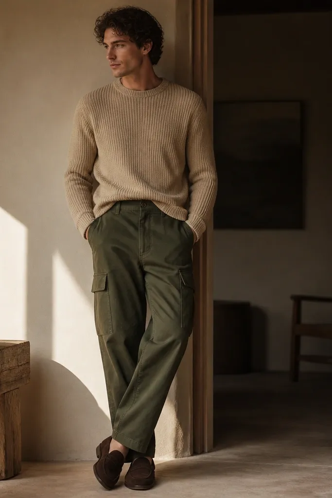 A warm-toned outfit showing dark green cargo pants with a sand knit sweater. The sweater is tucked in at the front, and the person wears dark brown suede loafers. The lighting makes the knit texture visible.