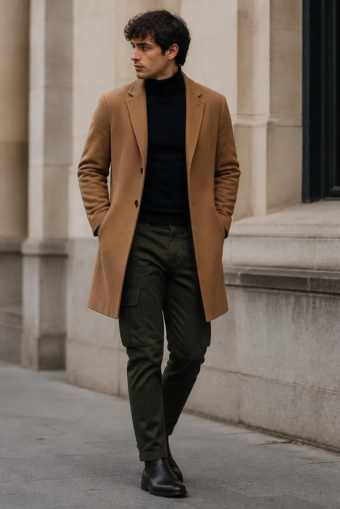 A colder-weather outfit photo: dark green cargo pants paired with a fitted black turtleneck and a camel overcoat. The coat is long enough to cover the upper thighs, and the shoes are dark leather Chelsea boots.