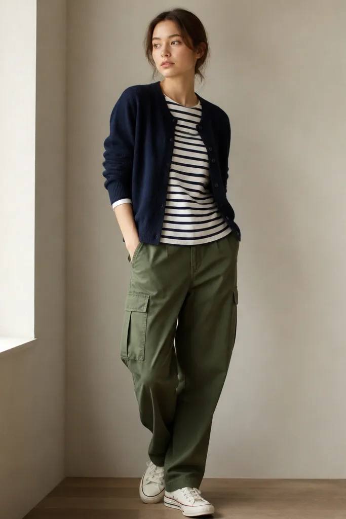 A photo showing dark green cargo pants with a navy-and-white striped Breton long-sleeve shirt. A navy cardigan is worn over it, and the shoes are white canvas sneakers.