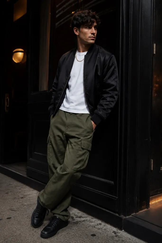 A night-out outfit photo: dark green cargo pants with a white crewneck tee, a black satin bomber jacket, and a visible gold chain at the neckline. The shoes are black leather sneakers.
