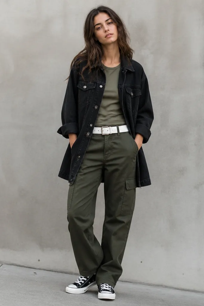 A photo of dark green cargo pants styled with an olive short-sleeve tee, a black denim jacket worn mid-thigh, and a white leather belt. The shoes are black-and-white sneakers.
