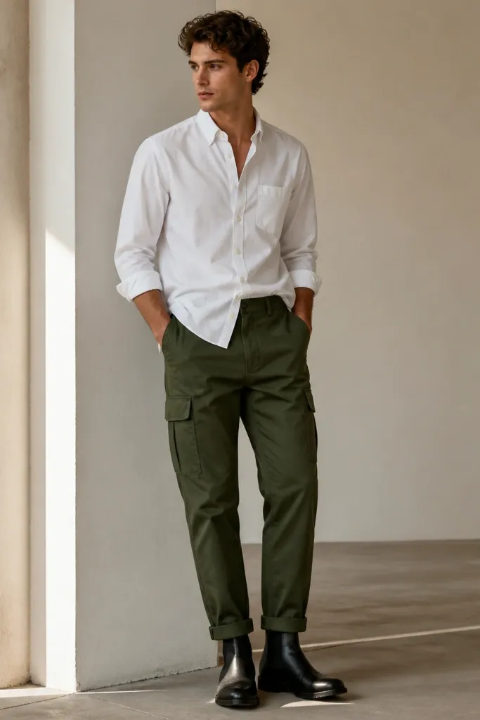 A crisp outfit image: dark green cargo pants with a white poplin button-up shirt. The cuffs are rolled once, the shirt is half-tucked, and black Chelsea boots sit cleanly at the ankle.