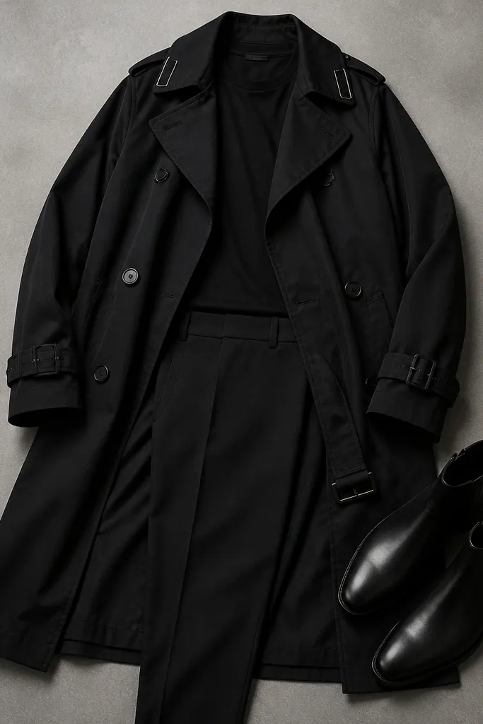 A black trench coat laid flat with two small rectangular collar tabs pinned at the top corners; the tabs are made from matte black fabric with a thin silver piping line. A simple crew-neck black shirt and slim black trousers sit underneath, and a pair of black leather ankle boots are placed beside the coat.