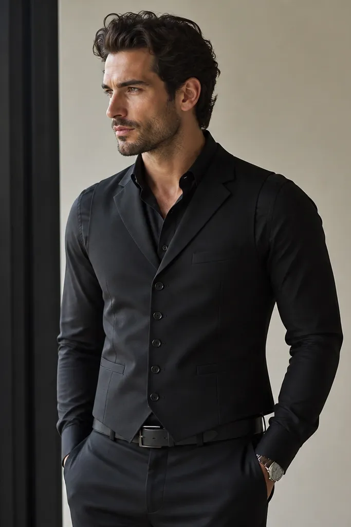 A fitted black suit vest over a black long-sleeve shirt. The vest has a notched lapel and a single-breasted front; black dress pants and a matte black belt are shown. A silver watch peeks from the cuff.
