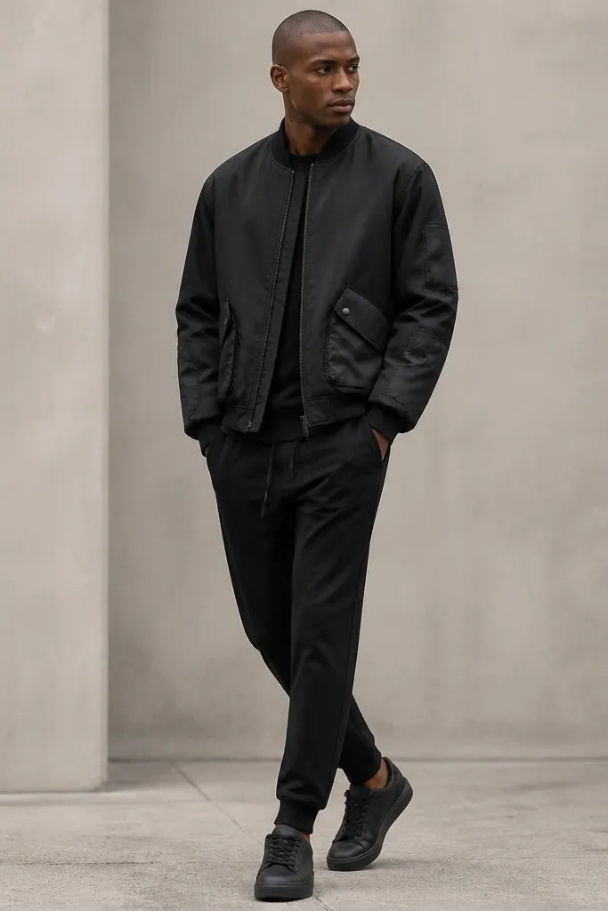 A matte black bomber jacket with two extra pocket panels made from black nylon on the lower sleeves and sides. The panels have visible topstitching and small snap closures. Black joggers and black sneakers are shown underneath.