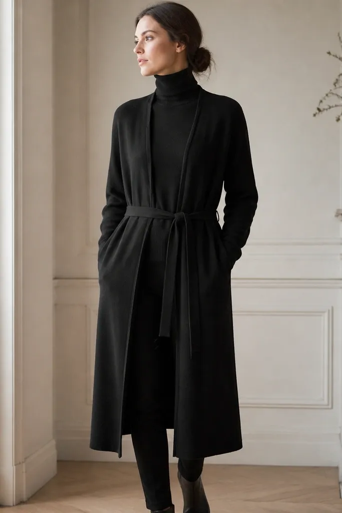 A black turtleneck sweater under a long black cardigan that falls to mid-calf. The cardigan has a belt tied loosely at the waist, and the person wears slim black pants. The image shows the clean vertical shape and the high neck.