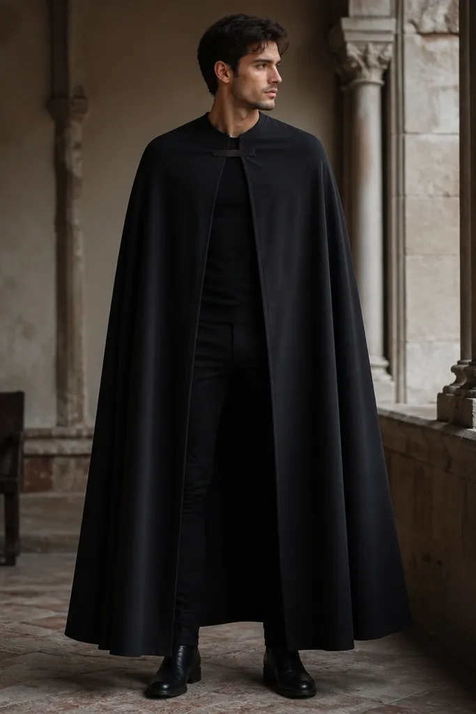 A black cape draped over shoulders with a clean horizontal clasp line at the collar using two strips of Velcro. The cape edges are hemmed with fabric glue for a neat finish. Black pants and boots complete the look.