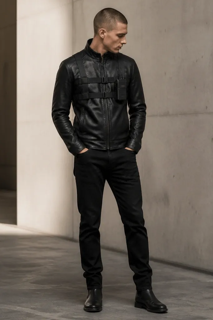 A black leather jacket with a chest strap rig made from black webbing. A small rectangular plastic radio prop is attached to the left chest area with two zip ties hidden under black fabric covers. Matching black jeans and boots are shown.