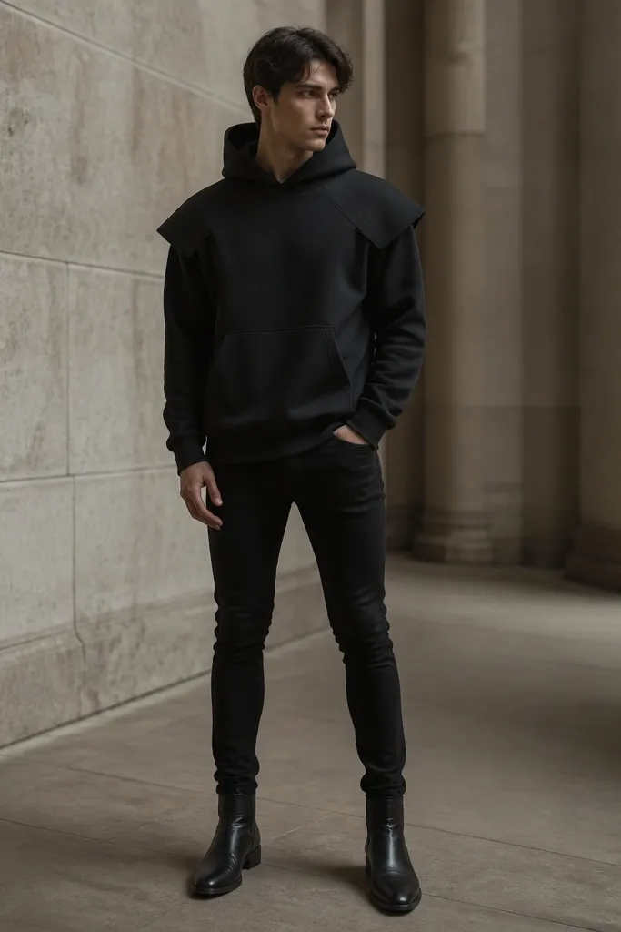 A black hoodie with two flat shoulder panels made from foam covered in matte black fabric. The panels sit over the shoulders and end before the sleeves, with clean edges and a subtle seam line. Black skinny pants and boots complete the look.