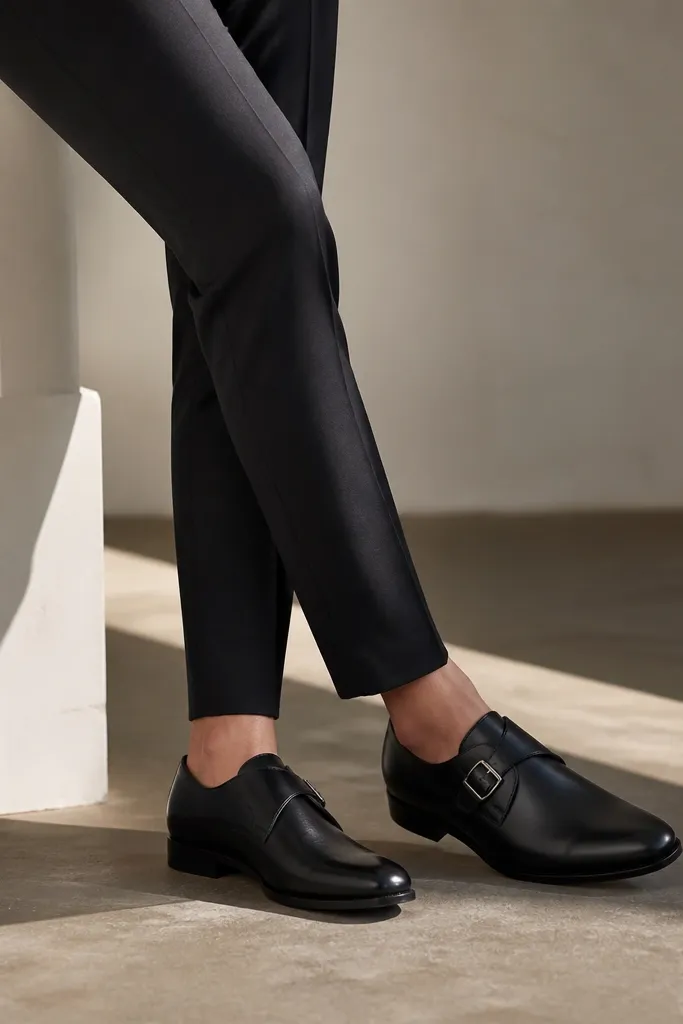 Black monk strap shoes with a single buckle, paired with slim black trousers that end right at the ankle. The outfit is styled with a black button-up shirt tucked in and a dark belt. The photo focuses on the clean hem and shoe shape.