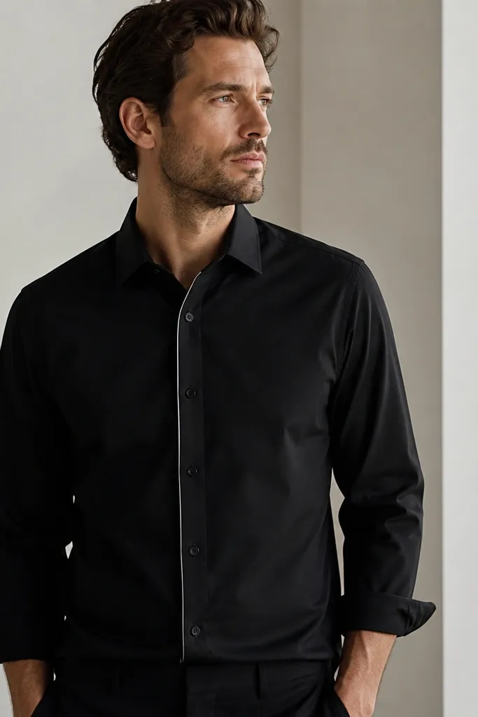 A black button-up shirt with a subtle strip of reflective tape sewn inside the placket. When the shirt is closed, the tape shows only as a thin line near the buttons. The collar is crisp and the sleeves are rolled once at the cuff.