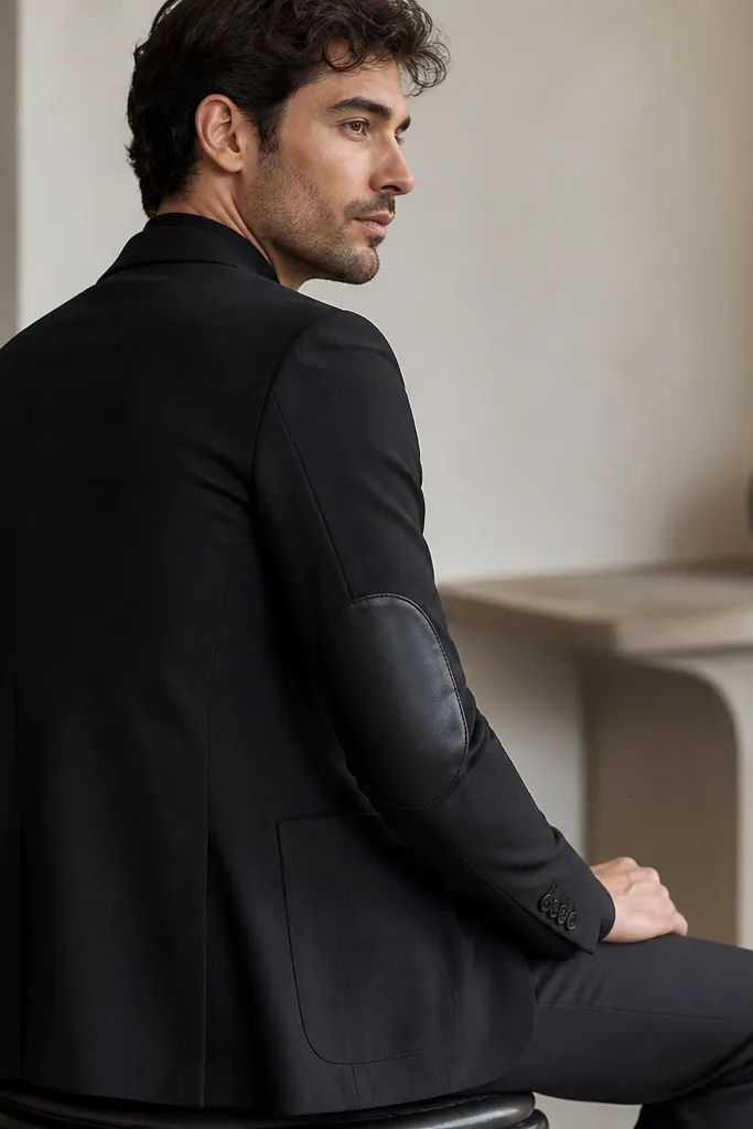 A black blazer with two elbow patches made from matte faux leather. The patches have straight stitched edges and sit at the natural bend of the elbows. A black shirt and dark trousers are underneath, with the cuffs slightly visible.