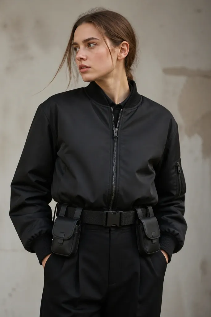 A matte black bomber worn with a wide black web belt. Two small black pouches hang at the front corners, each attached with two strap loops. The belt sits at the natural waist over black pants.