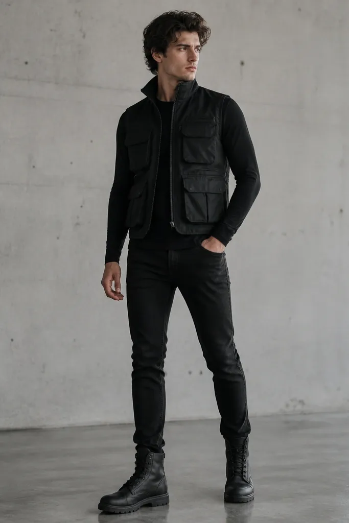 A plain black tactical-style vest layered over a fitted black long-sleeve shirt. The vest has multiple small pockets, a zipper front, and a high collar. Black jeans and black boots are shown.