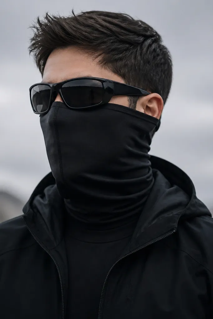 A black face scarf wrapped around the lower face with a clean vertical seam line centered. A pair of black wraparound sunglasses sits on top, and a thin elastic strap connects the scarf to the sunglasses frame. The rest of the outfit is black shirt and jacket.