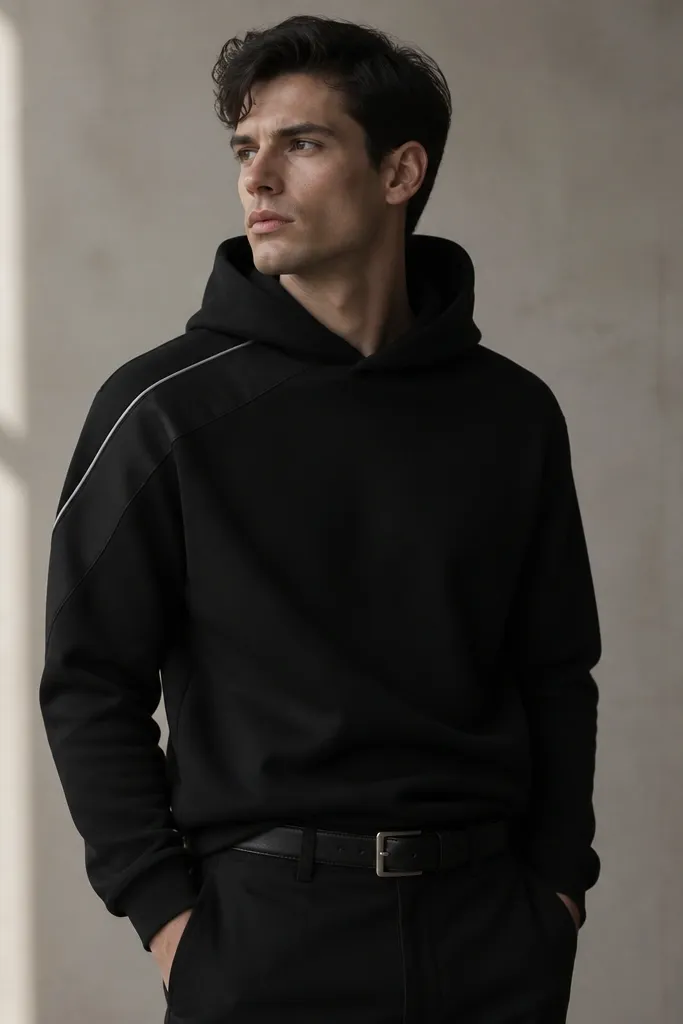 A black hooded sweatshirt with a single diagonal shoulder stripe made from matte black fabric and a thin silver line. The stripe crosses from upper shoulder toward the sleeve cap. Black pants and a belt are shown.