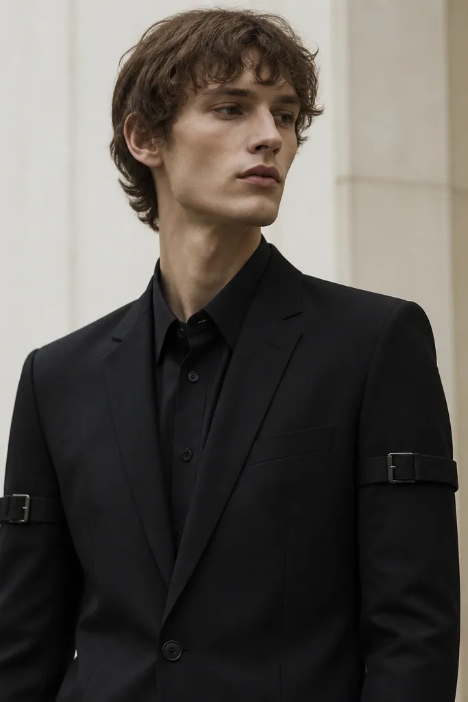 A black suit jacket with two narrow black strap bands around the upper arms. The straps are made from webbing and look attached under the sleeve seam, with small silver buckles. The person wears a black shirt underneath.