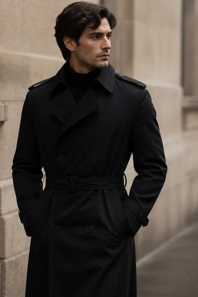 A black trench worn closed with a belt. A slim black holster-style pouch is attached to the belt under the trench flap, so only the belt line and a small dark edge are visible. The image shows the pouch hidden under the coat front.