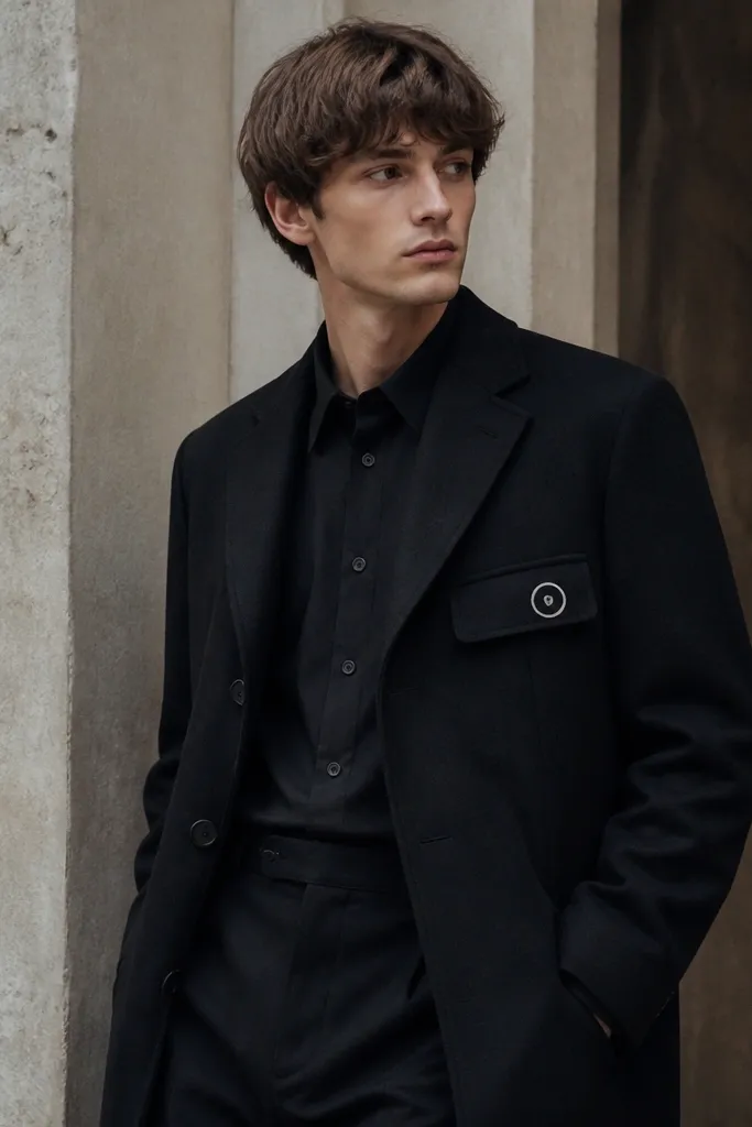 A black overcoat with a chest pocket. On the pocket flap is a DIY badge patch: a small square of black fabric with a white stitched circle and a tiny silver button in the center. The rest of the outfit is plain black shirt and trousers.