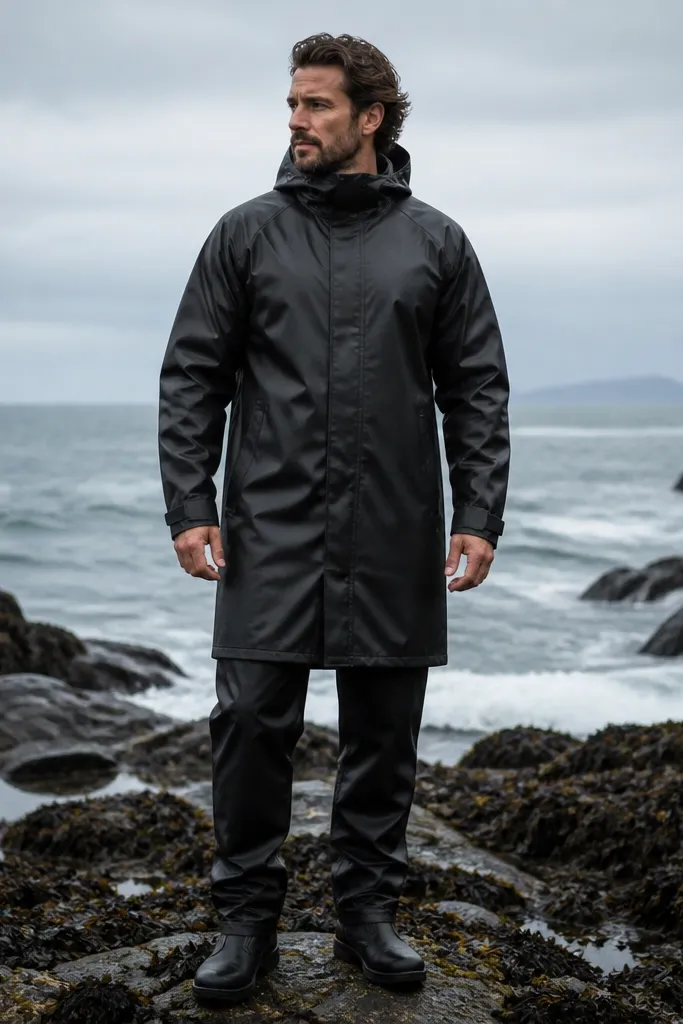 A black raincoat with cuffs that are sealed using black elastic bands and a small Velcro tab. The coat looks waterproof and slightly glossy, but the cuffs are matte due to the elastic. Black pants and boots complete the look.