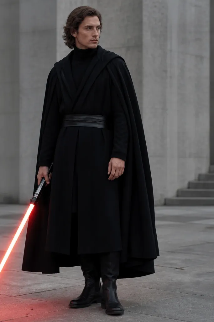 A man wearing a black long cardigan over a black turtleneck, with a black hooded cape draped from his shoulders. He has a wide black belt at the waist and black Chelsea boots. The photo shows the layered drape falling to mid-calf and a handheld toy lightsaber in the foreground.