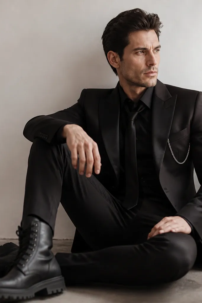 A man in a tailored black blazer over a black dress shirt with a high collar. He wears a black skinny tie loosened slightly and black lace-up boots with thick soles. A silver chain peeks from the blazer pocket. The photo shows crisp lapels and a sharp waist line.