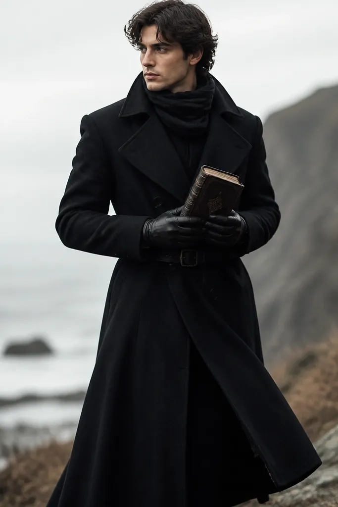 A person in a long black overcoat with wide lapels, cinched by a black belt. They wear black gloves and a black scarf wrapped around the neck. Their hands hold a small spellbook-like prop. The image shows the coat flaring slightly at the hem.