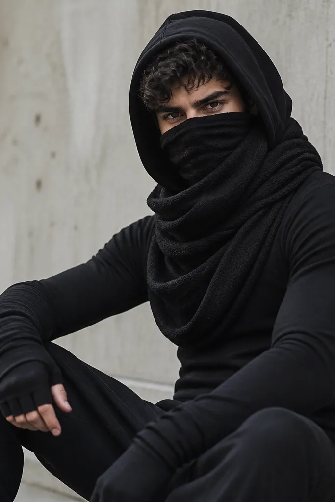 A person in a black fitted turtleneck and black joggers with a black scarf wrapped over the lower face. They wear a hooded black layer and black fingerless gloves. The image shows the scarf texture and a folded hood framing the forehead.