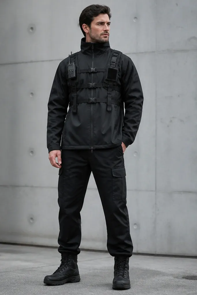 A man wearing a black work jacket with a high collar, layered with black tactical-style straps across the chest. He has black cargo pants and black boots. A small chest patch and a toy walkie-talkie clip to the straps. The photo shows sharp, gear-like lines.