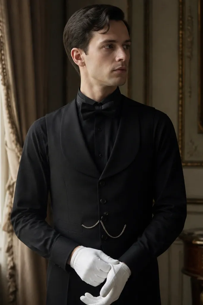 A man in a black long-sleeve shirt with a high collar and a black waistcoat. He wears white gloves and a thin silver pocket chain. A black bow tie sits at the neck. The photo shows a clean, formal silhouette with a vintage vibe.