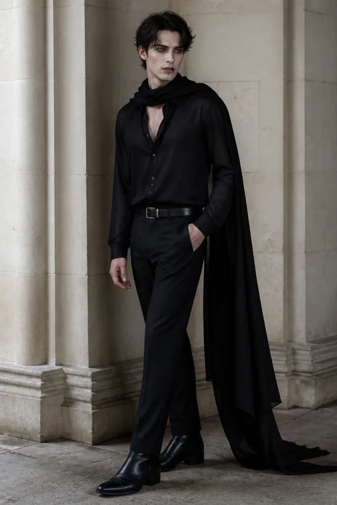 A person in a black button-up shirt with the collar slightly open, wearing a long black scarf draped over one shoulder like a cape. They have pale makeup with dark eyeliner and a small fang prop. Black boots and a belt complete the look.