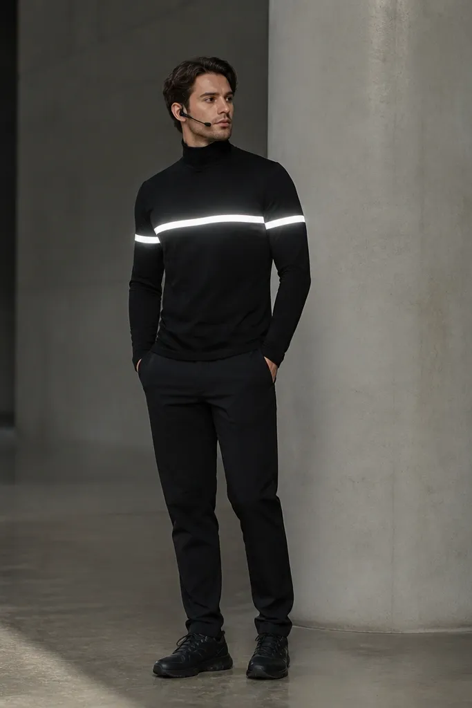 A man in a black turtleneck and black pants with a strip of reflective tape running horizontally across the chest and sleeves. He wears black sneakers and a small headset prop. The photo shows the reflective tape catching the flash light.