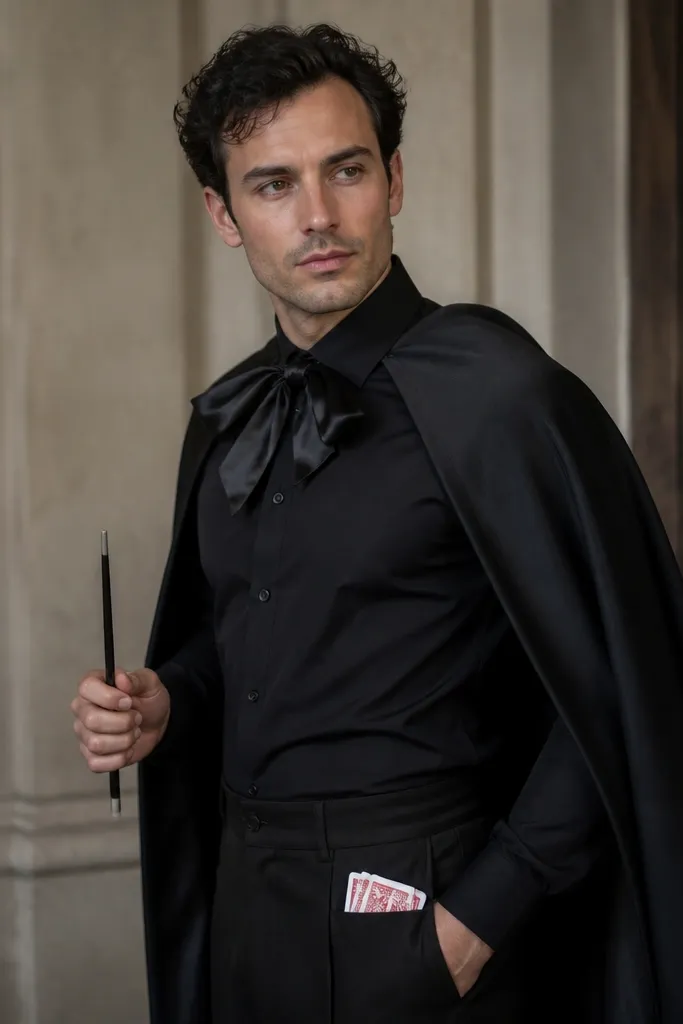 A man in a black long-sleeve top with a satin bow tie and black trousers. He holds a small wand and a deck of cards visible from his pocket. A black cape-like wrap sits over his shoulders. The photo shows a clean face and a dramatic bow tie.