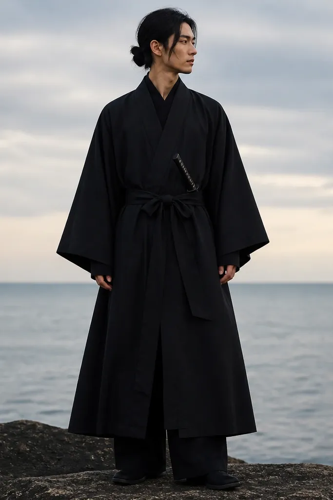 A man wearing a black kimono-style robe with wide sleeves, belted with a black sash tied at the waist. He has a black long undershirt and black pants. A small fabric "katana" prop is tucked at the side. The photo shows a strong shoulder-to-hem silhouette.