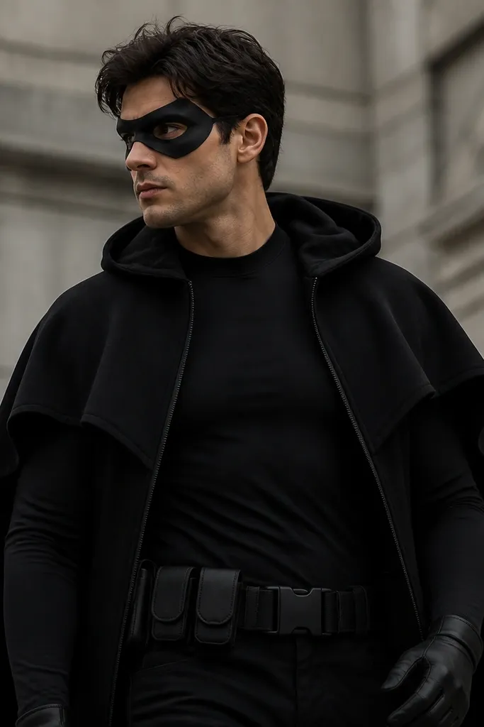 A person in a black fitted long-sleeve shirt with a cape-like shoulder layer made from a black hoodie worn open. They wear a black utility belt and black gloves. The face has a simple black mask covering the upper cheeks. The image shows sharp lines and a cape outline.