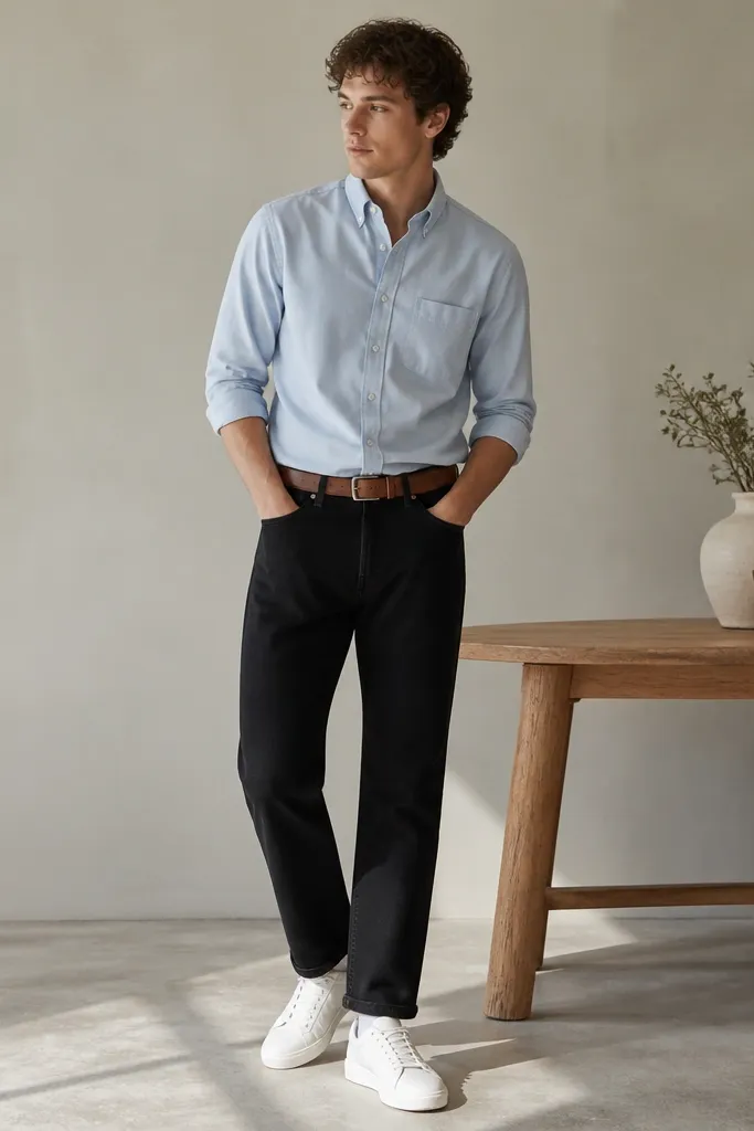 A person wearing black straight-leg jeans with a tucked light blue oxford button-up. The sleeves are rolled to mid-forearm. Clean white low-top sneakers and white crew socks. A tan leather belt peeks at the waist.